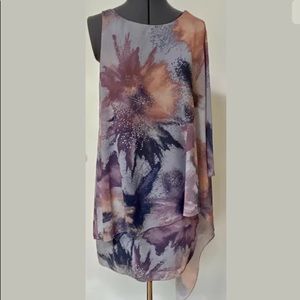 BADGLEY MISCHKA for LE TOTE ASYMMETRICAL CHIFFON DRESS GRAY PURPLE WATERCOLOR S